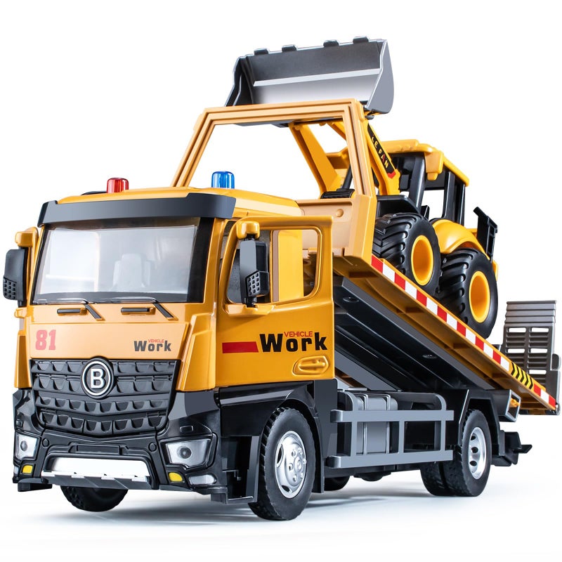 HAPYAD Tow Truck Toy Metal Cab Flatbed Tow Truck Toys for Boys with Backhoe Loader Friction Powered Transport Trailers with Lights and Siren Sounds Construction Vehicles for Kids 125 - Image 2