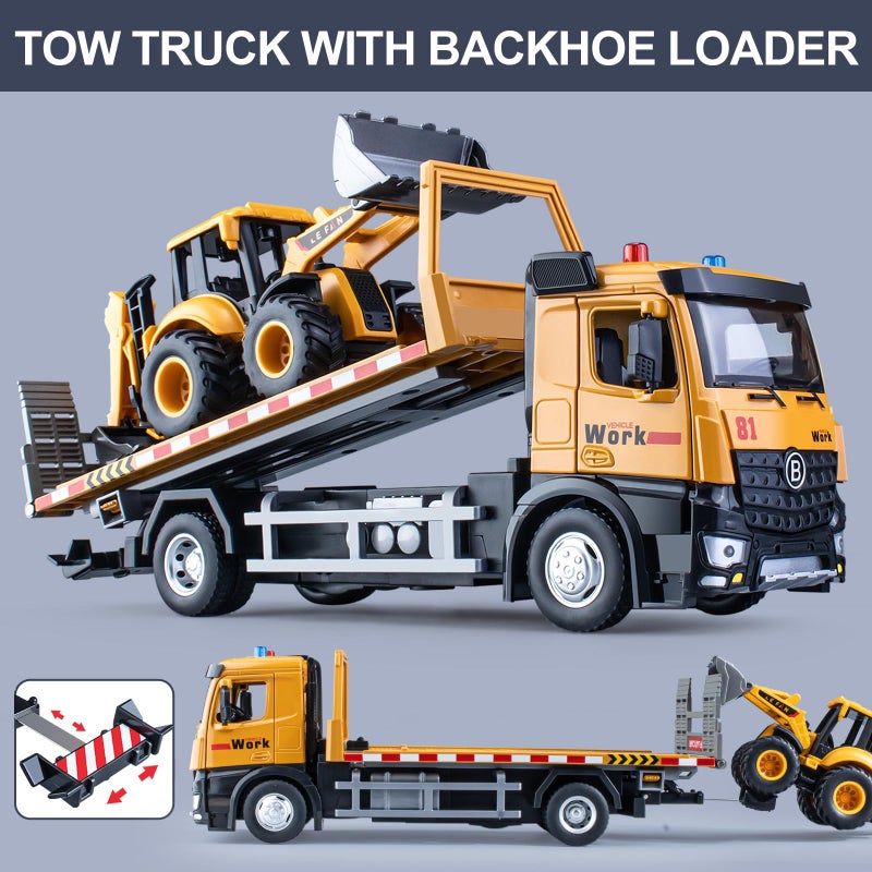 HAPYAD Tow Truck Toy Metal Cab Flatbed Tow Truck Toys for Boys with Backhoe Loader Friction Powered Transport Trailers with Lights and Siren Sounds Construction Vehicles for Kids 125 - Image 3
