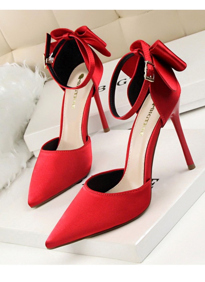 BIGTREE Women's Closed Pointed Toe 10 CM High Heels with Bow Knot Ankle Strap Satin Stiletto Pumps Red  - Image 1