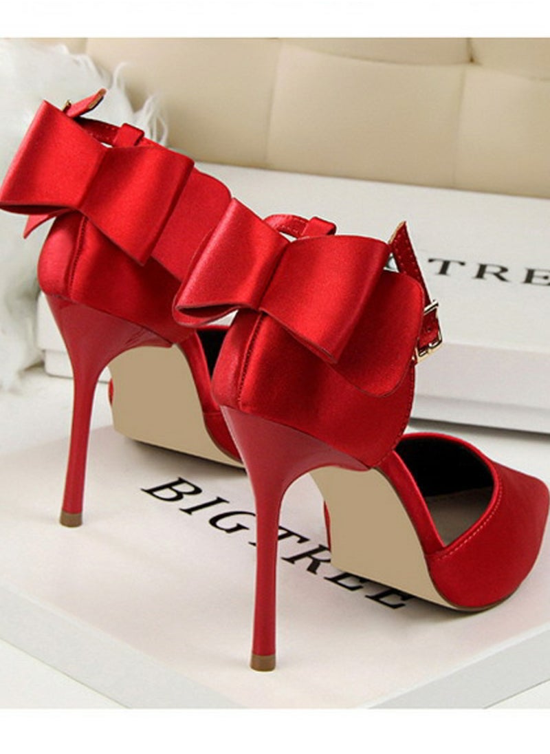 BIGTREE Women's Closed Pointed Toe 10 CM High Heels with Bow Knot Ankle Strap Satin Stiletto Pumps Red  - Image 2