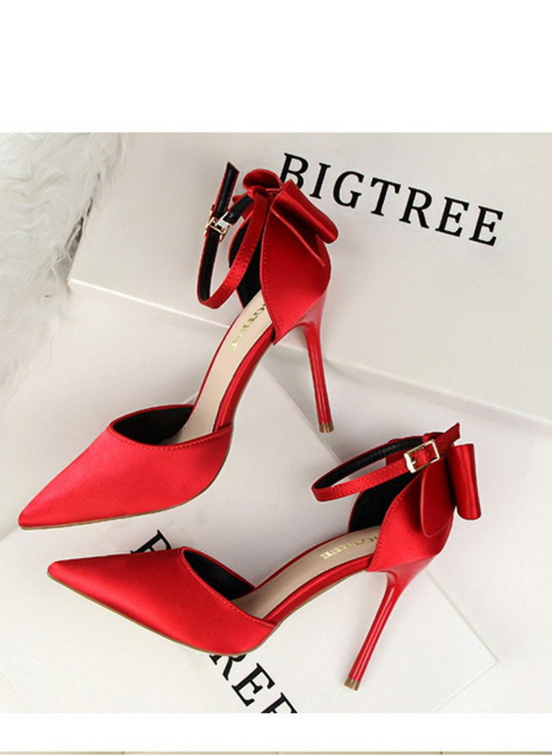 BIGTREE Women's Closed Pointed Toe 10 CM High Heels with Bow Knot Ankle Strap Satin Stiletto Pumps Red  - Image 3