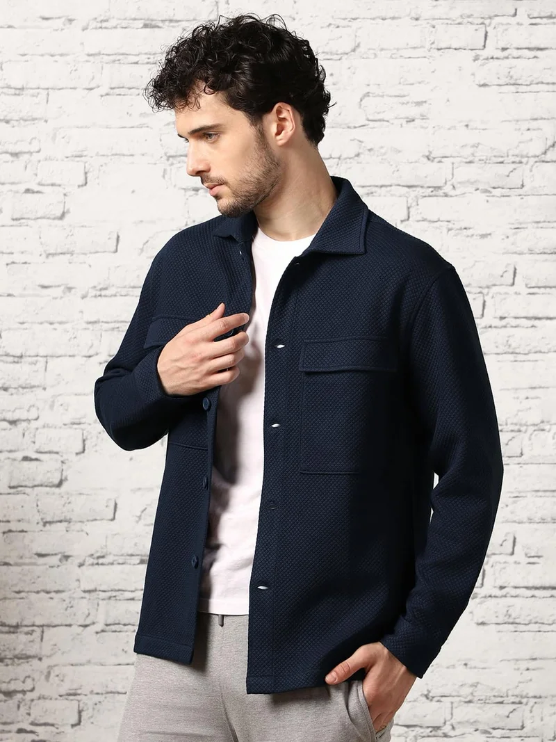 نوبيرو Midnight Blue Quilted Shacket For Men