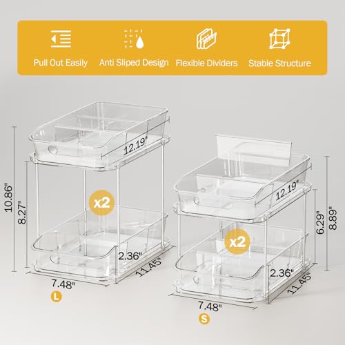 Delamu 2-Tier Under Sink Organizers and Storage, Multi-Purpose Stackable Bathroom Cabinet organizers, Pull Out Kitchen Pantry Organization and Storage with Dividers(4 Pack, Clear) - Image 5