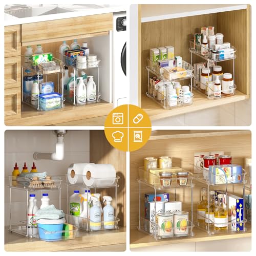 Delamu 2-Tier Under Sink Organizers and Storage, Multi-Purpose Stackable Bathroom Cabinet organizers, Pull Out Kitchen Pantry Organization and Storage with Dividers(4 Pack, Clear) - Image 4