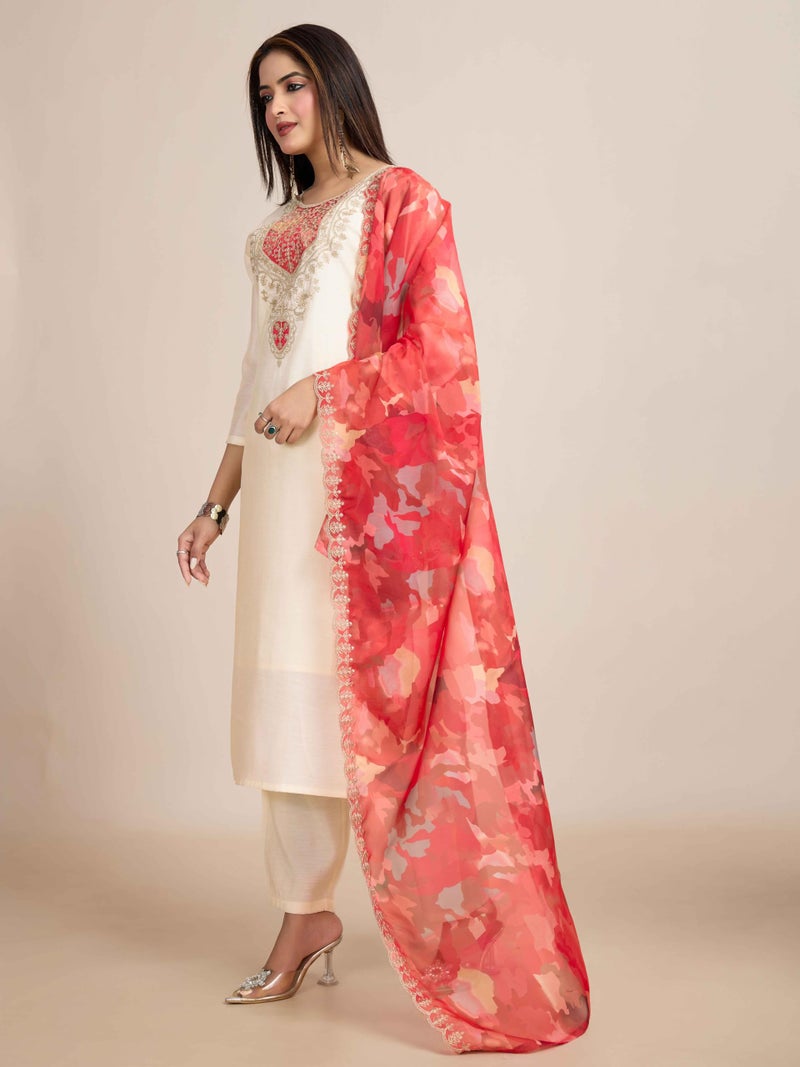 Naixa Women's Chanderi with Lining Embroidered Straight Kurta with Pant and Dupatta Sets (NX-547-Cream-XL) - Image 4