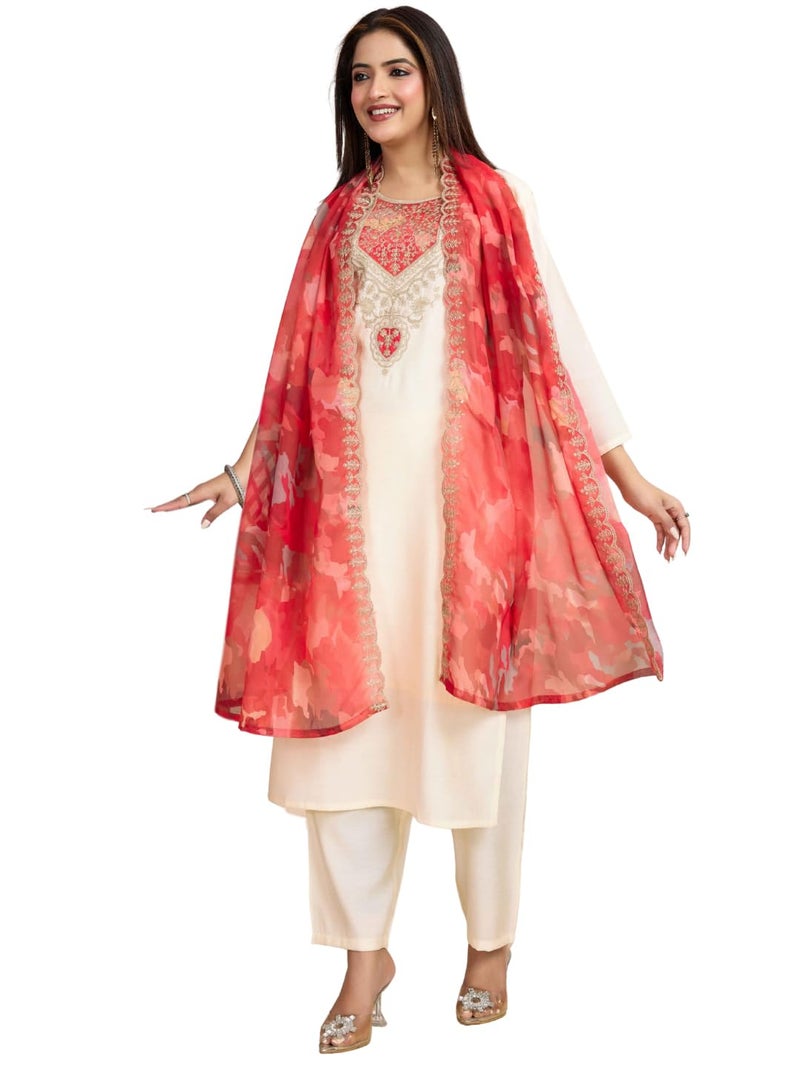 Naixa Women's Chanderi with Lining Embroidered Straight Kurta with Pant and Dupatta Sets (NX-547-Cream-XL) - Image 1