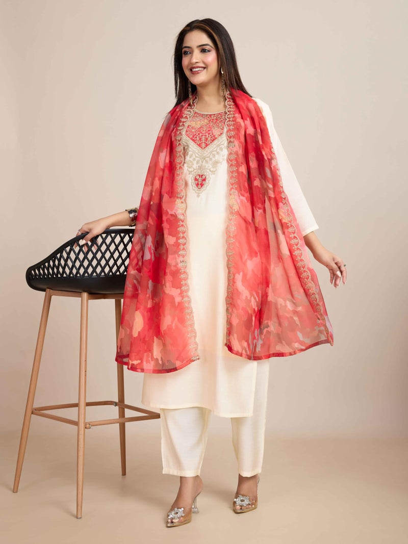 Naixa Women's Chanderi with Lining Embroidered Straight Kurta with Pant and Dupatta Sets (NX-547-Cream-XL) - Image 2