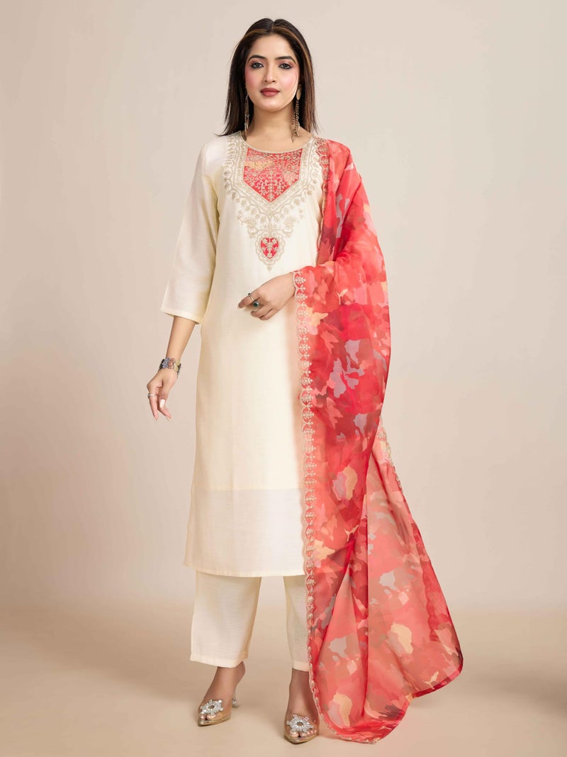 Naixa Women's Chanderi with Lining Embroidered Straight Kurta with Pant and Dupatta Sets (NX-547-Cream-XL) - Image 3