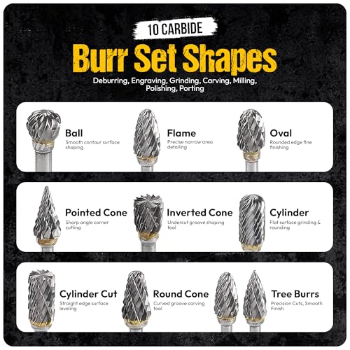 BLENCEE 10Pcs Tungsten Carbide Burr Set 6.35mm - 1/4" Shank Double Cut Die Grinder Bits Cutting Burrs - Metal, Steel - Rotary Tools Rasp Accessories - Deburring, Engraving, Grinding, Carving, Porting - Image 4