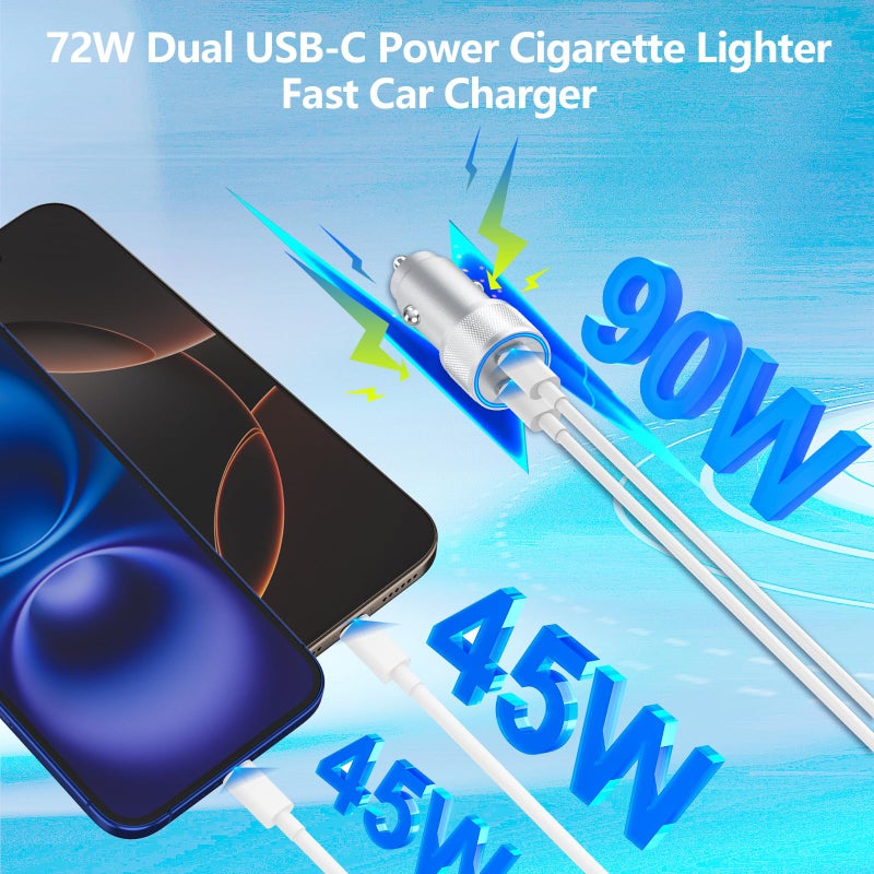 Linocell [Apple MFi Certified] iPhone 17 Car Charger Fast Charging, Linocell 90W Dual PD Power Cigarette Lighter USB-C Car Charger with 2Pack Type-C Cord for iPhone 17/17 Pro Max/16 Pro/15/Galaxy S25/S24/Pixel - Image 5