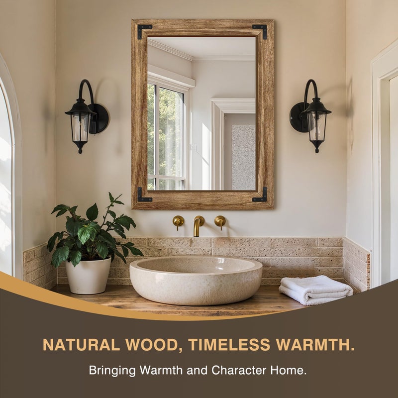 FICTOR Wooden Bathroom Mirror for Wall, 32"x24" Solid Wood Frame Vanity Mirror, for Farmhouse, Bedroom, Living Room, Entryway Decor, Hangs Vertically or Horizontally - Image 3