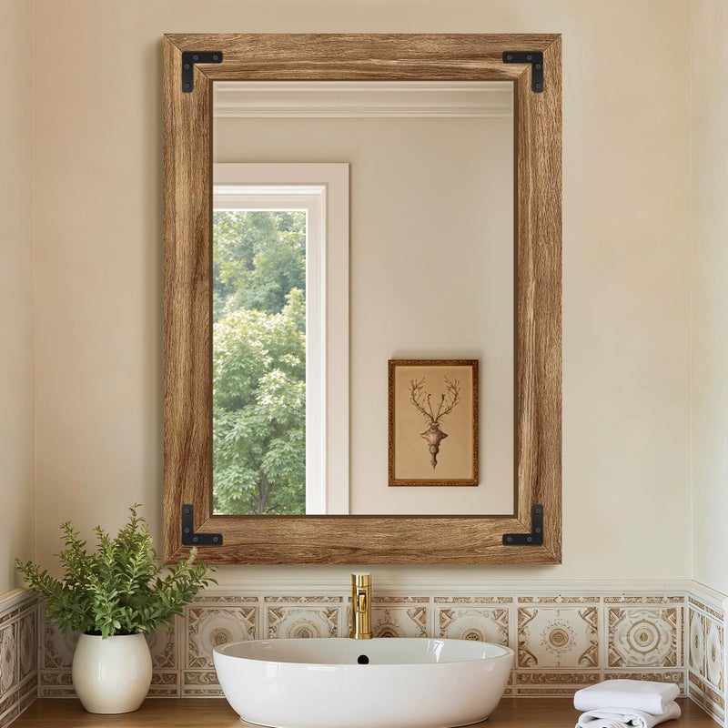 FICTOR Wooden Bathroom Mirror for Wall, 32"x24" Solid Wood Frame Vanity Mirror, for Farmhouse, Bedroom, Living Room, Entryway Decor, Hangs Vertically or Horizontally - Image 1