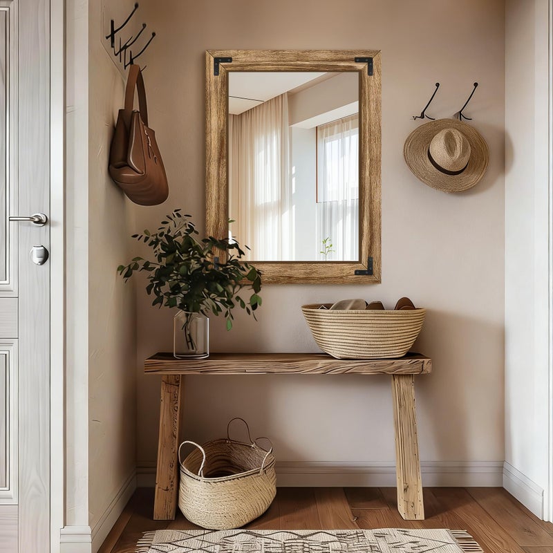 FICTOR Wooden Bathroom Mirror for Wall, 32"x24" Solid Wood Frame Vanity Mirror, for Farmhouse, Bedroom, Living Room, Entryway Decor, Hangs Vertically or Horizontally - Image 4
