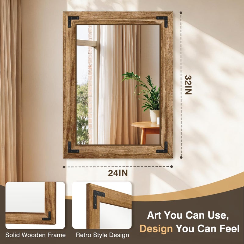 FICTOR Wooden Bathroom Mirror for Wall, 32"x24" Solid Wood Frame Vanity Mirror, for Farmhouse, Bedroom, Living Room, Entryway Decor, Hangs Vertically or Horizontally - Image 2