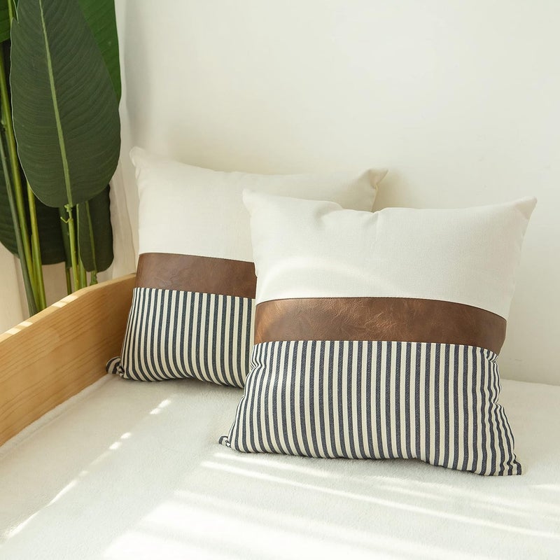 TOMWISH Decorative Throw Pillowcovers 18X18 Set of 2 Modern White and Navy Blue Striped Brown Artificial Leather Linen Patchwork Cushion Cover for Bed Bedroom Sofa - Image 5