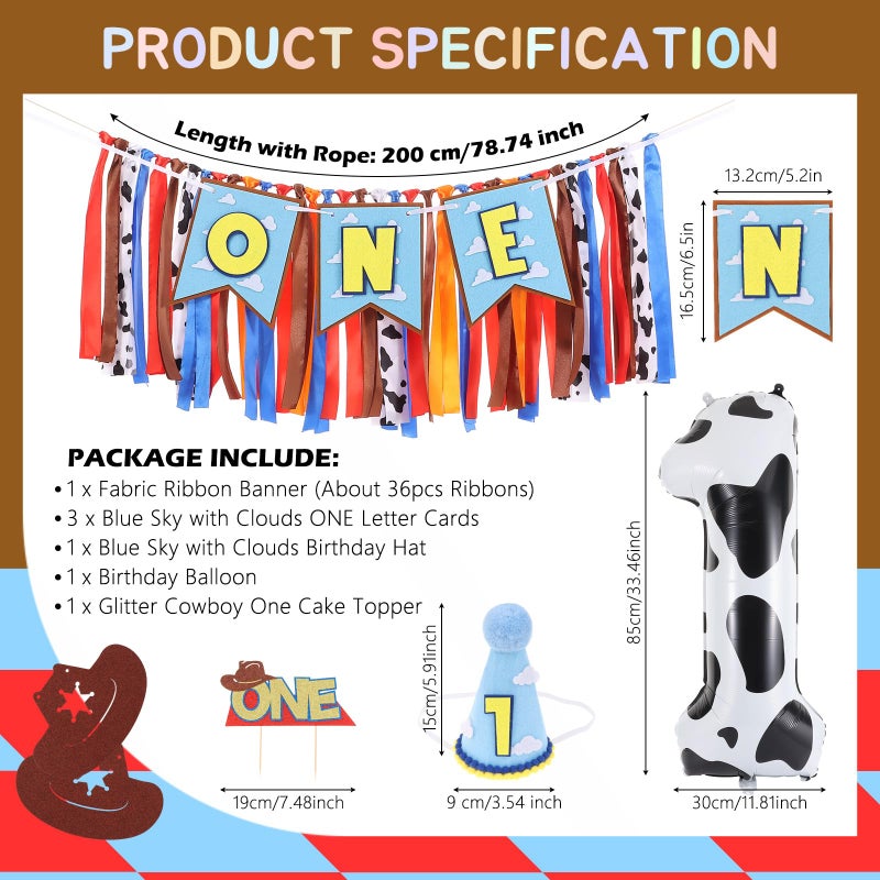 RANERVZ Cartoon Toy Highchair Banner for Baby First Birthday Party Decorations Blue Sky With Clouds High Chair Tassel Banner for Boys Girls Western Cowboy 1st Birthday Photo Props Backdrop Decoration - Image 2