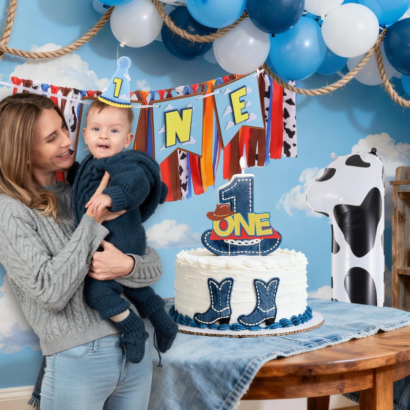 RANERVZ Cartoon Toy Highchair Banner for Baby First Birthday Party Decorations Blue Sky With Clouds High Chair Tassel Banner for Boys Girls Western Cowboy 1st Birthday Photo Props Backdrop Decoration - Image 4
