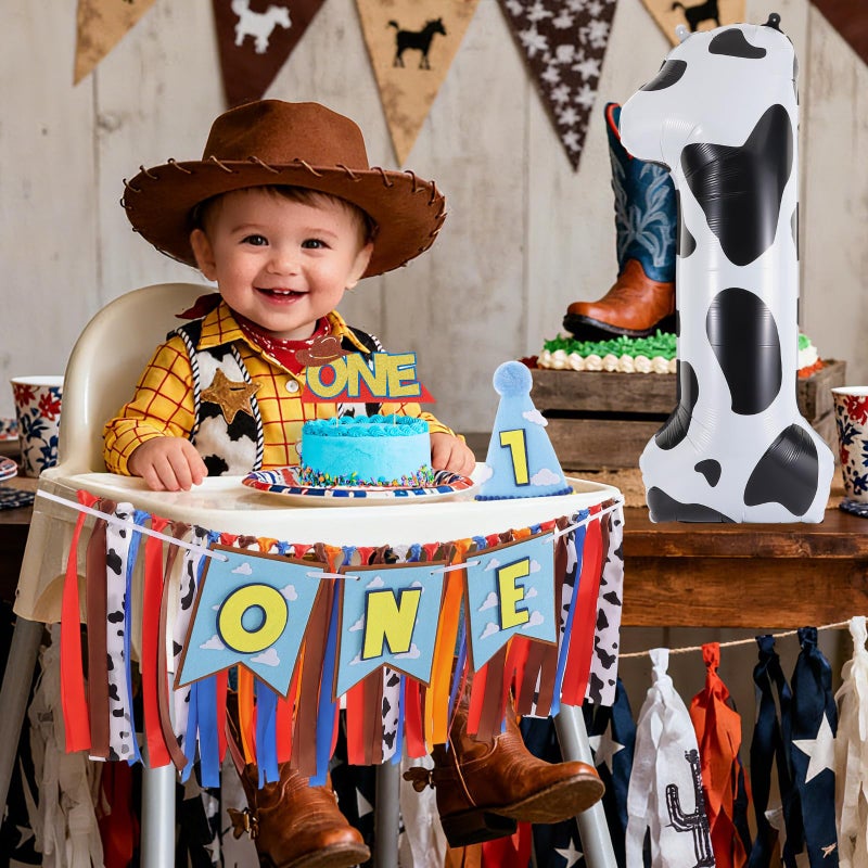 RANERVZ Cartoon Toy Highchair Banner for Baby First Birthday Party Decorations Blue Sky With Clouds High Chair Tassel Banner for Boys Girls Western Cowboy 1st Birthday Photo Props Backdrop Decoration - Image 3