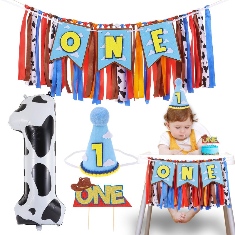 RANERVZ Cartoon Toy Highchair Banner for Baby First Birthday Party Decorations Blue Sky With Clouds High Chair Tassel Banner for Boys Girls Western Cowboy 1st Birthday Photo Props Backdrop Decoration - Image 1