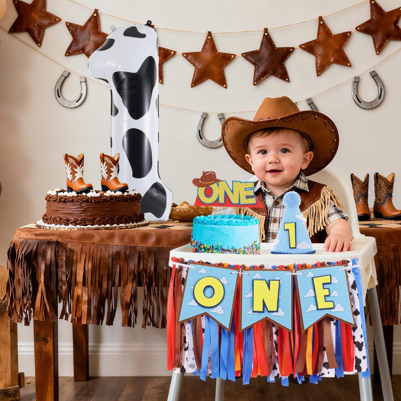 RANERVZ Cartoon Toy Highchair Banner for Baby First Birthday Party Decorations Blue Sky With Clouds High Chair Tassel Banner for Boys Girls Western Cowboy 1st Birthday Photo Props Backdrop Decoration - Image 5