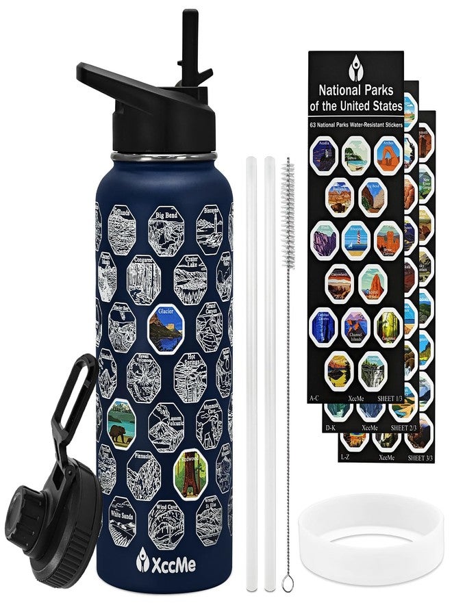 XccMe National Parks Water Bottle with Stickers,32 oz Stainless Steel Insulated Water Bottle with Straw,2 Lids,Leak Proof Metal Water Cup for Hiking,Travel,Sports,Camping,Wide Mouth Bottle - Image 1