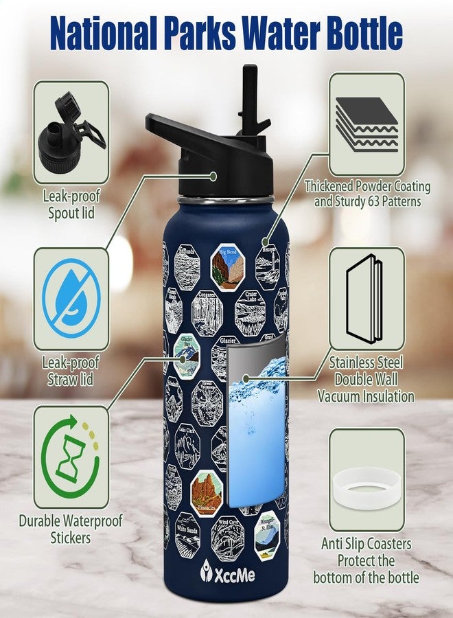 XccMe National Parks Water Bottle with Stickers,32 oz Stainless Steel Insulated Water Bottle with Straw,2 Lids,Leak Proof Metal Water Cup for Hiking,Travel,Sports,Camping,Wide Mouth Bottle - Image 2