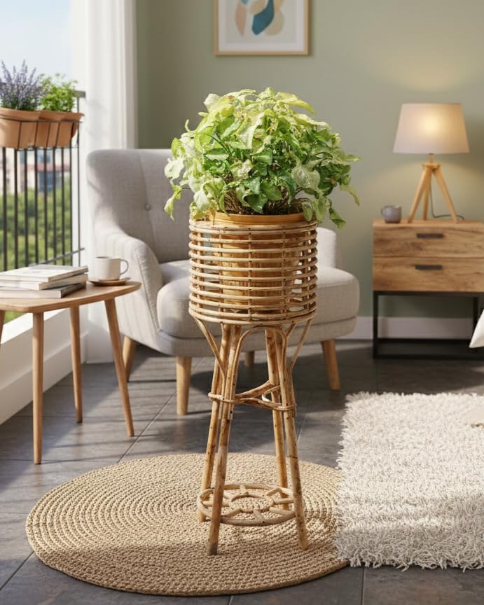 Avika Wood Cane Bamboo Planter Stand (32.5 In) - Indoor Outdoor Corner Flower Pot Holder for Living Room, Balcony & Garden Decor - Natural - Image 2