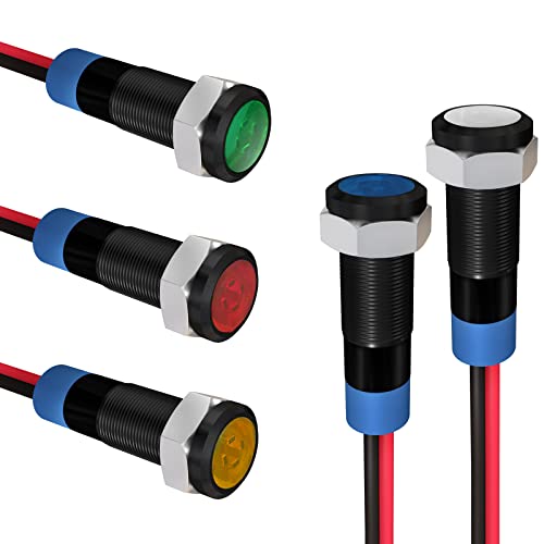 APIELE Indicator Light 6mm 14 Waterproof IP65 Metal Signal Lamp 12V24V ACDC LED Pilot Dash Lamp Aluminum Red Green Blue Yellow White 5 PCS with 150mm Wire for Car Truck Boat Multicolored - Image 1