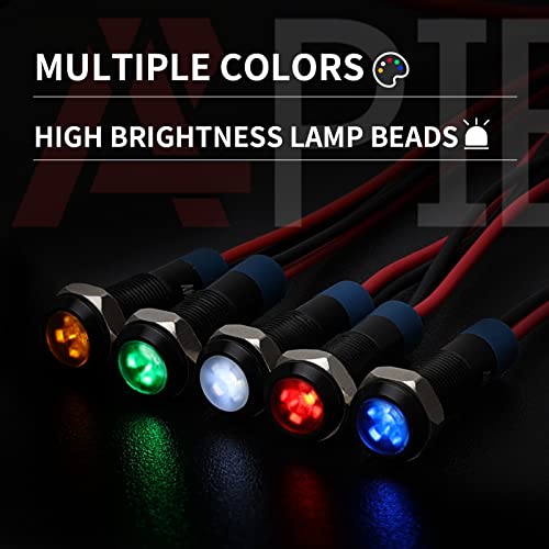 APIELE Indicator Light 6mm 14 Waterproof IP65 Metal Signal Lamp 12V24V ACDC LED Pilot Dash Lamp Aluminum Red Green Blue Yellow White 5 PCS with 150mm Wire for Car Truck Boat Multicolored - Image 3