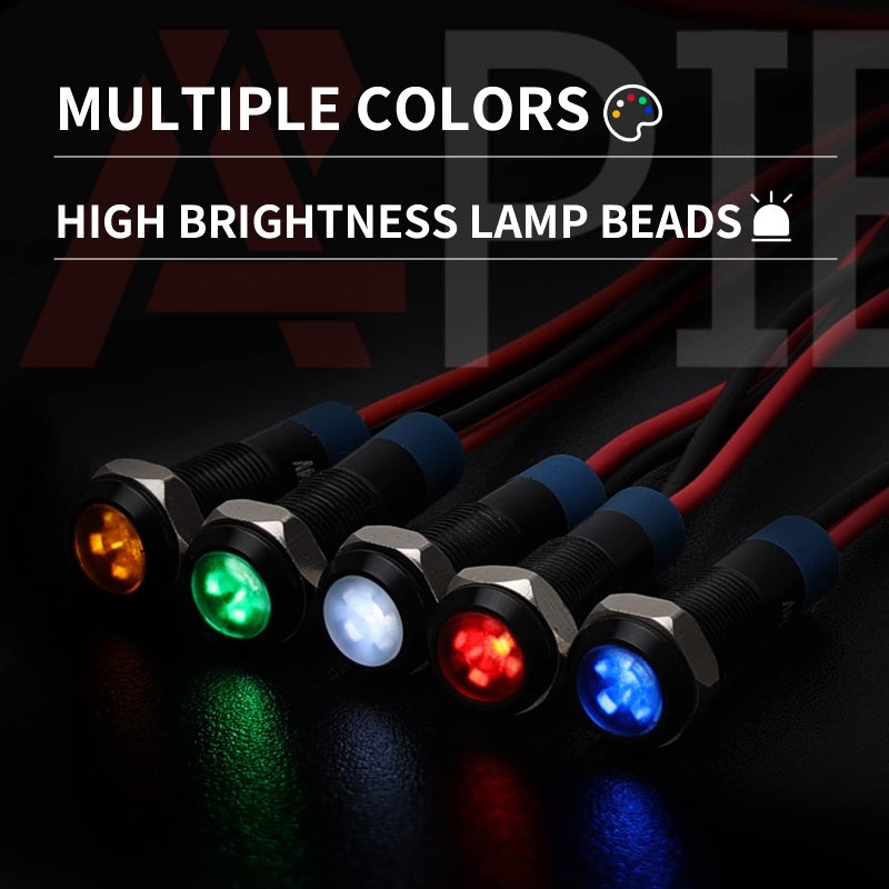 APIELE Indicator Light 6mm 14 Waterproof IP65 Metal Signal Lamp 12V24V ACDC LED Pilot Dash Lamp Aluminum Red Green Blue Yellow White 5 PCS with 150mm Wire for Car Truck Boat Multicolored - Image 4