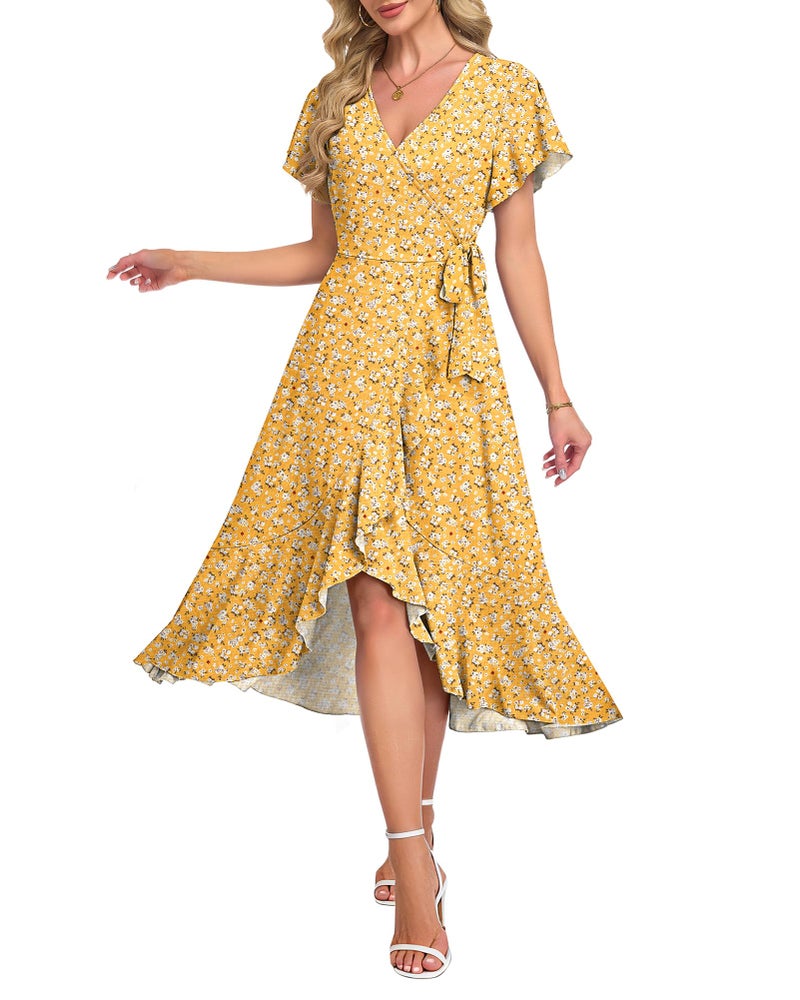 AUSELILY Women Summer Midi Dresses Wrap Short Flutter Sleeve V Neck Boho Slit Flowy Ruffle Dress Wedding Guest Dresses Yellow Floral - Image 1