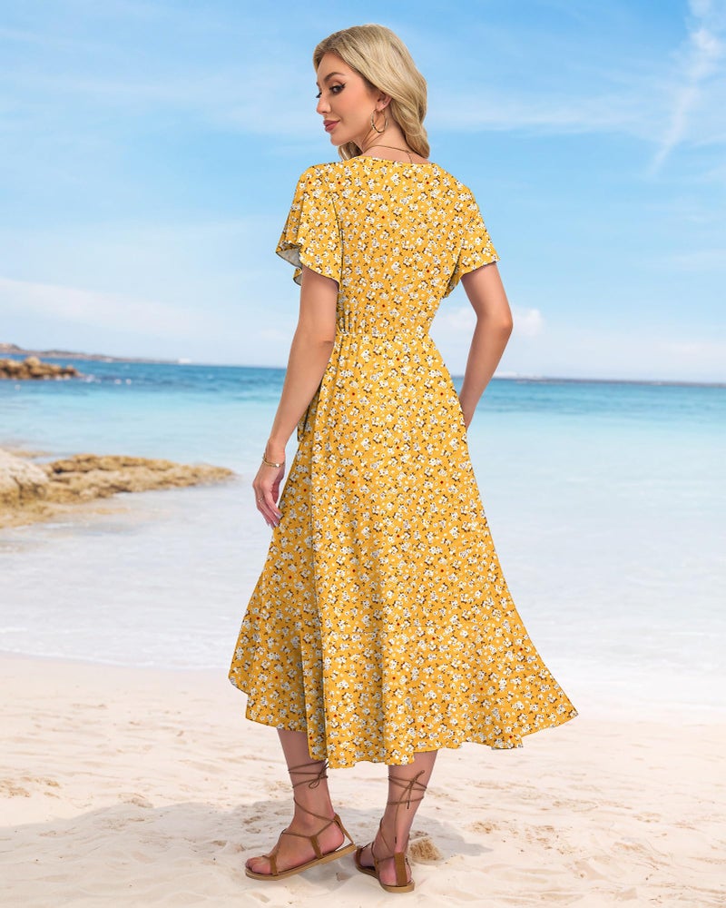 AUSELILY Women Summer Midi Dresses Wrap Short Flutter Sleeve V Neck Boho Slit Flowy Ruffle Dress Wedding Guest Dresses Yellow Floral - Image 5