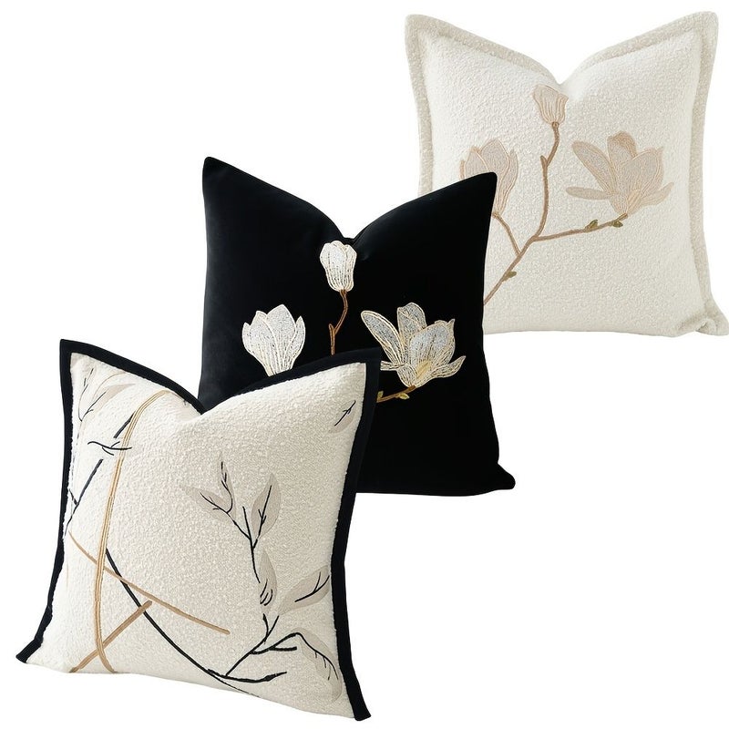 Black Orchid Embroidered Throw Pillow Cover 19.69x19.69 Inch Floral Design - Image 1