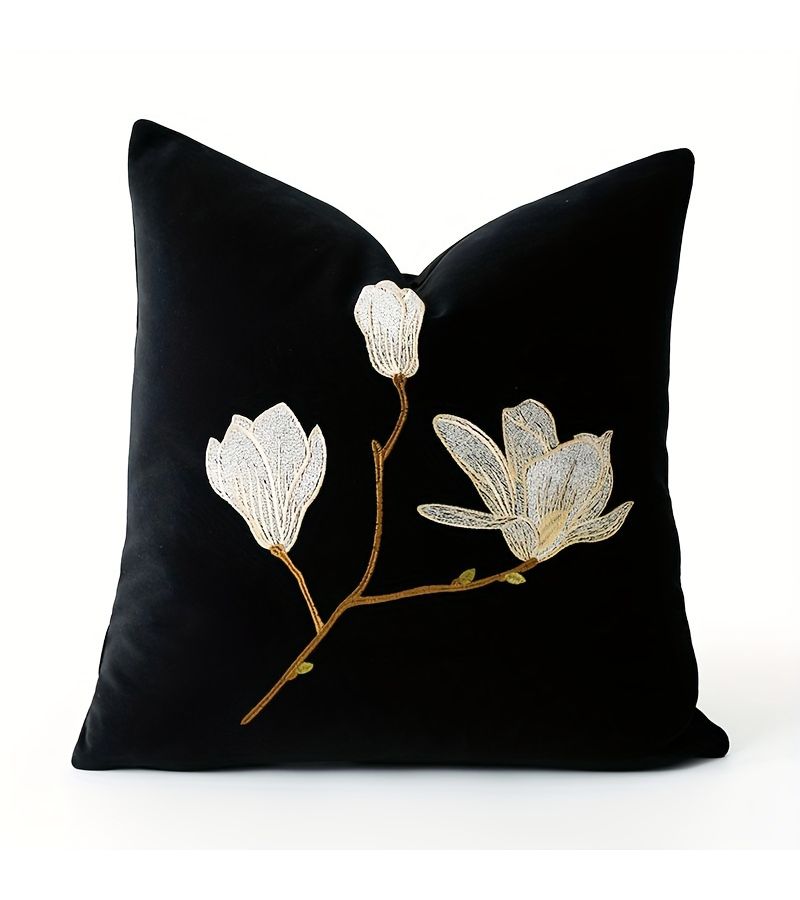 Black Orchid Embroidered Throw Pillow Cover 19.69x19.69 Inch Floral Design - Image 5
