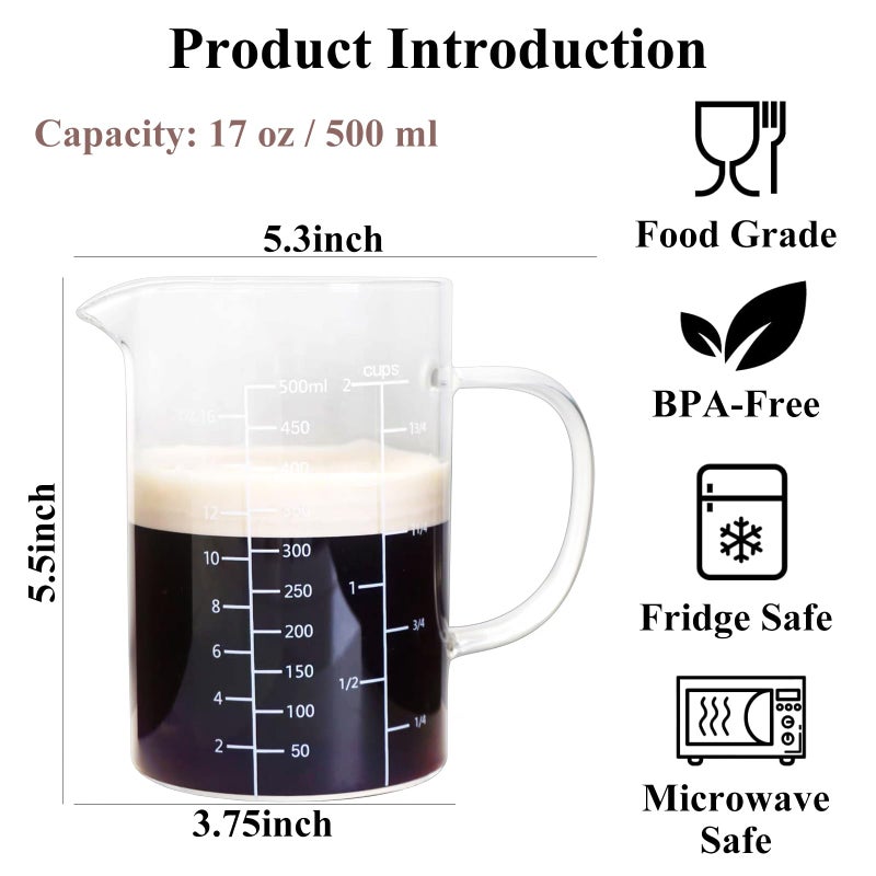 Casavibe Glass Measuring Cup with Handle, 500 ML High Borosilicate Glass Three Scales (OZ, Cup, ML/CC) easuring Beaker for Kitchen or Restaurant, V-Shaped Spout Glass Measuring Beaker, Easy To Read - Image 2