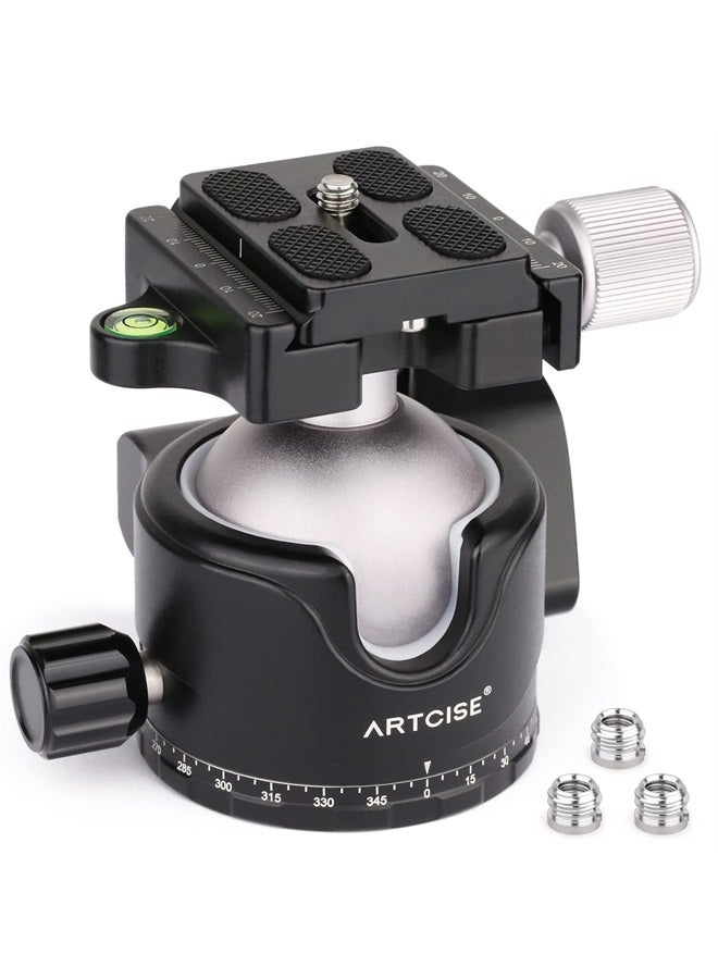 ARTCISE 46mm Low Profile Tripod Head with 3 Screw Adapter 3/8 to 1/4 Professional Aluminium 360 Rotating Panoramic Ball Head Max Loading 44lbs/20kg - Image 1