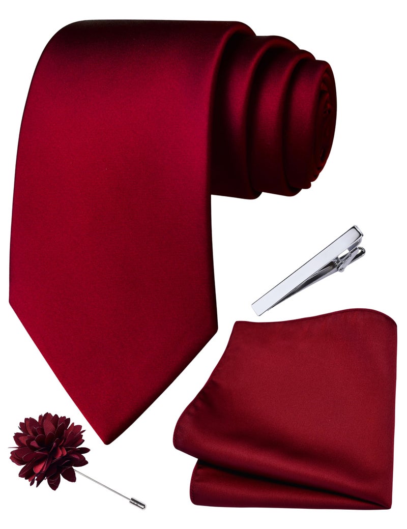Branduce Wine Burgundy Tie for Men Wedding Solid Satin Silk Blend Necktie Pocket Square Tie Clip and Lapel Pin Brooch Set (TA14-33) - Image 1
