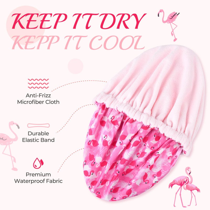 Aileam Shower Cap for Women Terry Lined Bath Cap Large Reusable Waterproof Elastic Band Pink Flamingo Shower Caps for Long Thick Hair Soft Bath Shower Hair Caps - Image 2