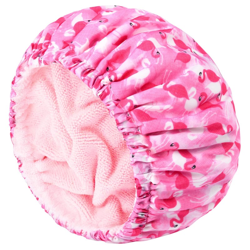 Aileam Shower Cap for Women Terry Lined Bath Cap Large Reusable Waterproof Elastic Band Pink Flamingo Shower Caps for Long Thick Hair Soft Bath Shower Hair Caps - Image 1