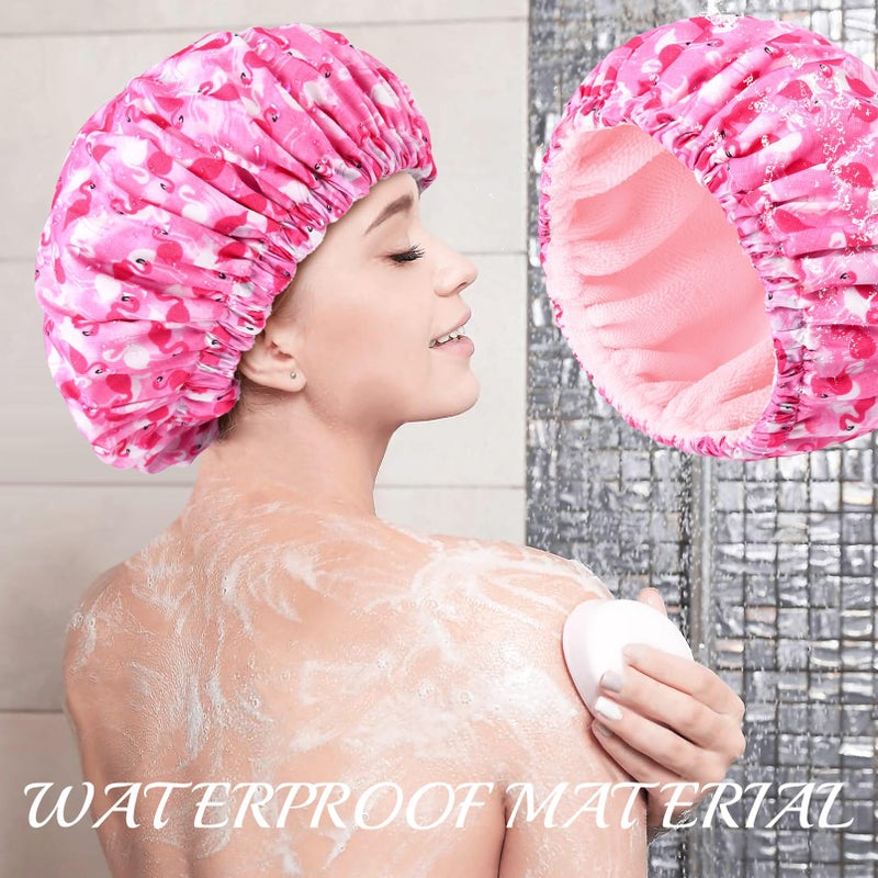Aileam Shower Cap for Women Terry Lined Bath Cap Large Reusable Waterproof Elastic Band Pink Flamingo Shower Caps for Long Thick Hair Soft Bath Shower Hair Caps - Image 3