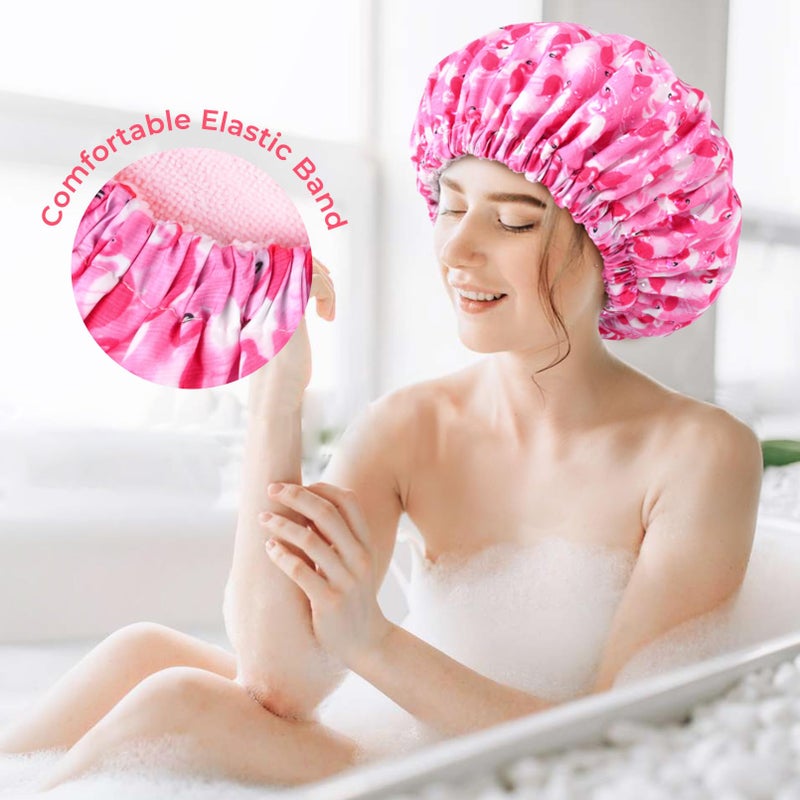 Aileam Shower Cap for Women Terry Lined Bath Cap Large Reusable Waterproof Elastic Band Pink Flamingo Shower Caps for Long Thick Hair Soft Bath Shower Hair Caps - Image 4