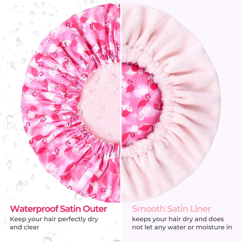 Aileam Shower Cap for Women Terry Lined Bath Cap Large Reusable Waterproof Elastic Band Pink Flamingo Shower Caps for Long Thick Hair Soft Bath Shower Hair Caps - Image 5