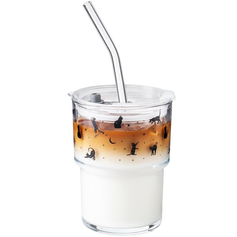 Olvini 13oz Glass Tumbler with Straw and Lid, Reusable Iced Coffee Cup Tumbler, Cute Glass Cups for Water, Matcha, Travel Coffee Mugs (Black Cat - 13oz) - Image 1