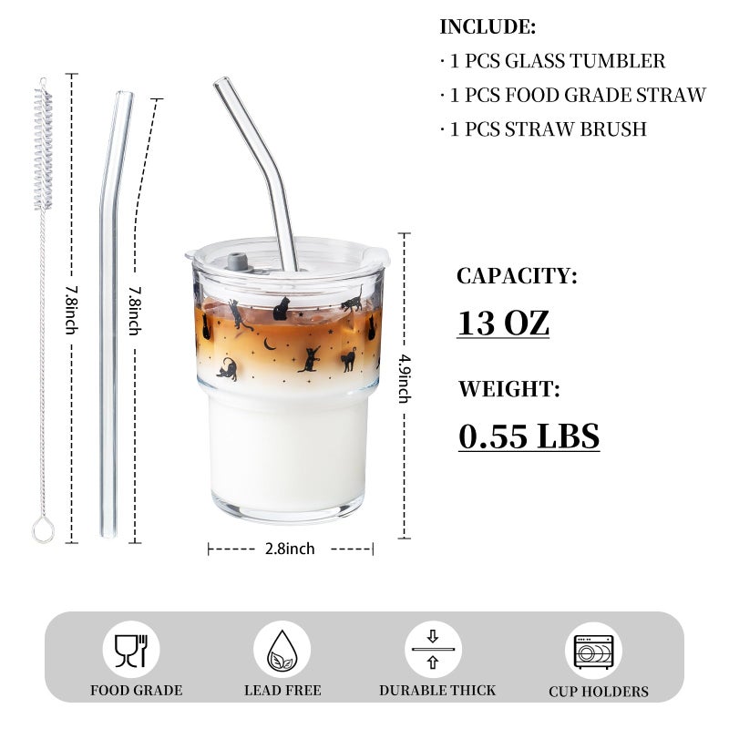 Olvini 13oz Glass Tumbler with Straw and Lid, Reusable Iced Coffee Cup Tumbler, Cute Glass Cups for Water, Matcha, Travel Coffee Mugs (Black Cat - 13oz) - Image 3