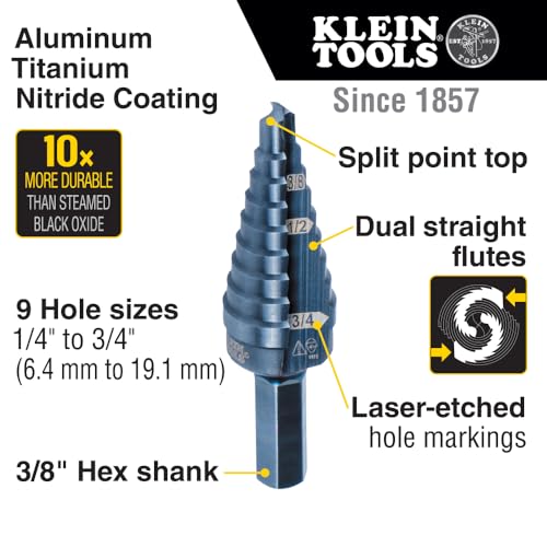 Klein Tools KTSB03 Step Drill Bit Double Fluted 3 14 to 34Inch with EasytoRead Markings and Targets 38Inch Hex Shank - Image 3