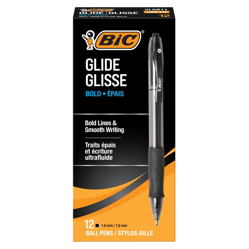 BIC Glide Bold Black Ballpoint Pens, Bold Point (1.6mm), 12-Count Pack, Retractable Ballpoint Pens With Comfortable Full Grip - Image 1