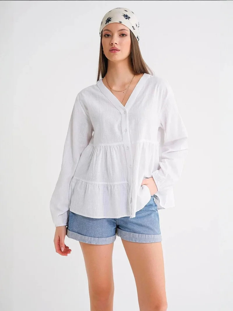 MixRay Mixray Long Sleeve Tiered V-Neck Blouse
