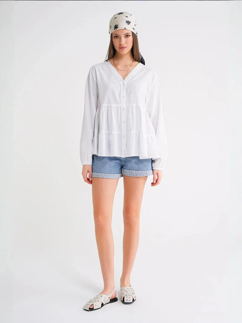 MixRay Mixray Long Sleeve Tiered V-Neck Blouse