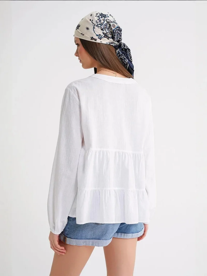 MixRay White Mixray Long Sleeve Tiered V-Neck Blouse for Women | Best Price UAE