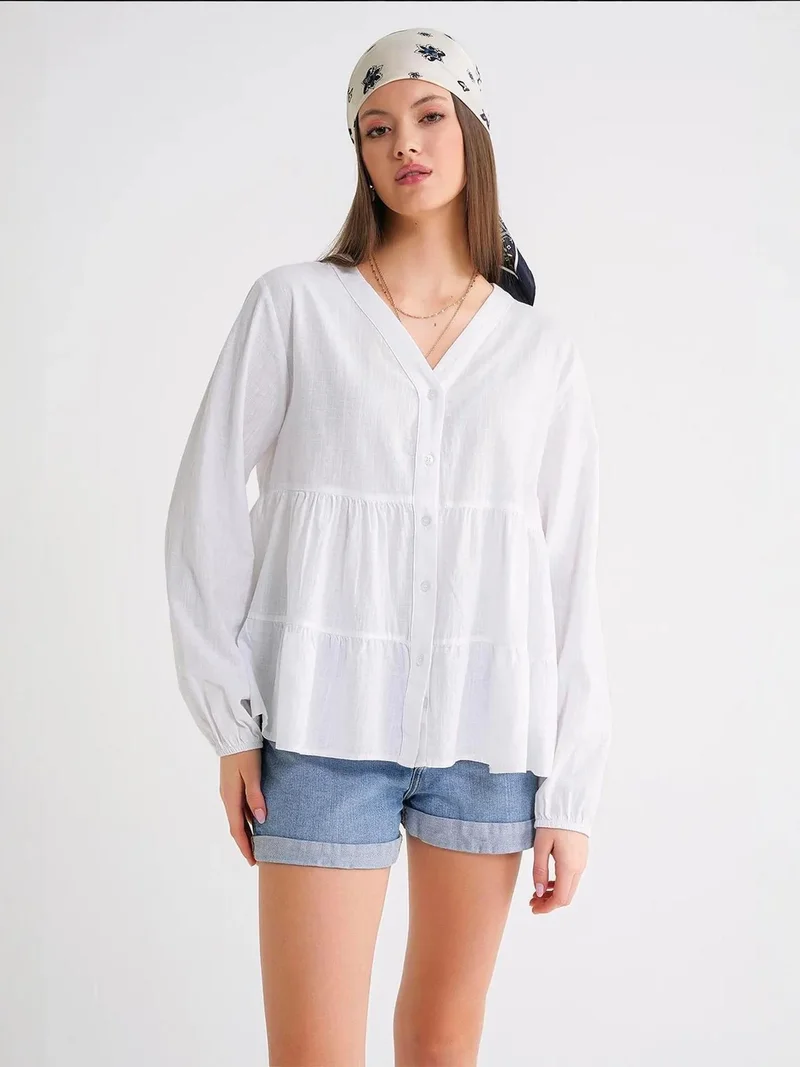 MixRay White Mixray Long Sleeve Tiered V-Neck Blouse for Women | Best Price UAE